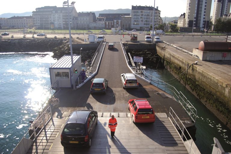 Cars disembarking ferry in Cherbourg Brittany Ferries