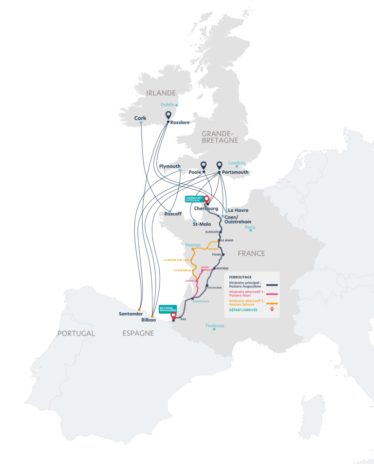 Route map including Ferroutage (Bayonne – Cherbourg rail link ...